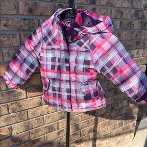 Cherokee Girls Hooded Plaid Puffer Jacket - Purple & Pink